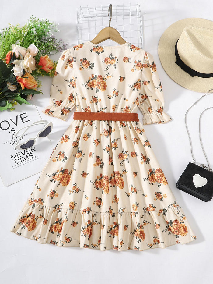 8-12Y Kids Fashion Girls Dress Bubble Sleeve Floral Print One Piece Sun Dress Apricot Catpapa GS112210604
