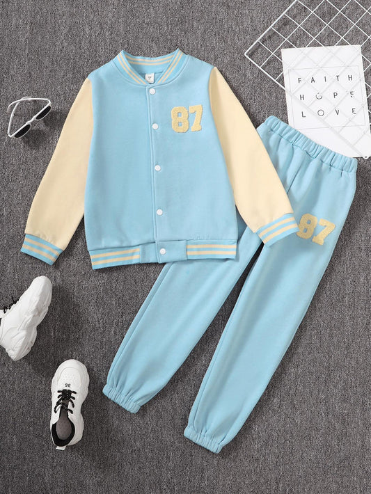 8-12Y Kids Fashion Ready Stock Boys Clothes "87" Baseball Jacket Elastic Pants 2Pcs OOTD Blue catpapa YCF112210451