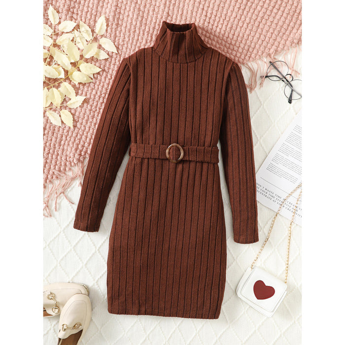 8-14Y Big Girls Elegant Dress Rib Solid Color Stan-up Collar Fall Winter Long Sleeve Dress With A Belt Catpapa 462308017