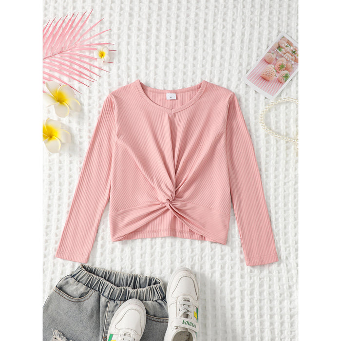 8-14Y Ready Stock 8-14y Kid Girls Shirt Twist Knot Casual V-neck Solid Color Long Sleeve Pullover Top Kakhi Catpapa 462306023