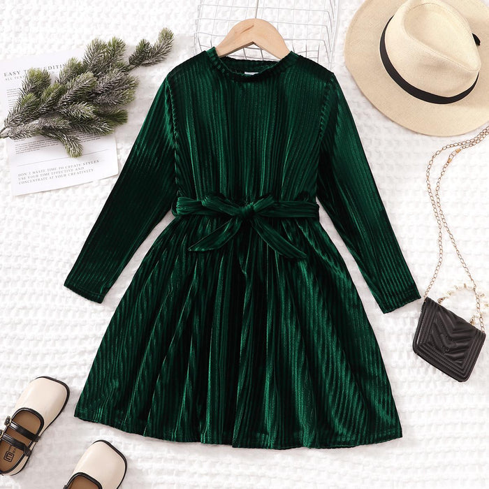 8-14Y Ready Stock Big Girls Dress Elegant Velvet Long Sleeve Dress With A Belt Girl'S Casual Dress Green Catpapa 462307015