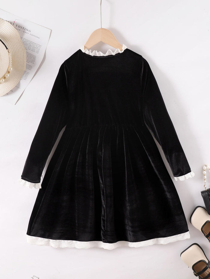 8-14Y Ready Stock Kids Clothes Girls Dress Retro Velvet Lace Solid Color Dress One Piece Leisure Dress Black Catpapa 462304011