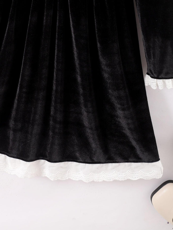 8-14Y Ready Stock Kids Clothes Girls Dress Retro Velvet Lace Solid Color Dress One Piece Leisure Dress Black Catpapa 462304011