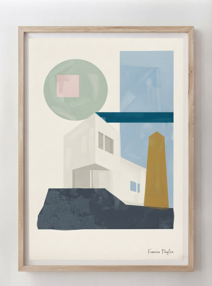A framed Bauhaus Geometric House Poster by Francis Phylae featuring a Mid-Century Modern Architectural Art Print with minimalist geometric house design by Phylae Posters., featuring a white building, a blue sky block, a gold tower, and a green circle on an off-white background, enclosed in a light wood frame.