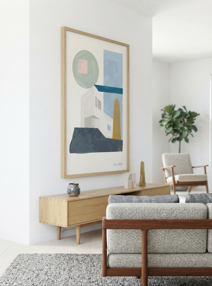 Bauhaus Geometric House Poster with sage green and blue abstract architectural shapes, professionally reproduced from an original painting by Francis Phylae for Phylae Posters, on the wall of a contemporary and modern midcentury nordic living room decor