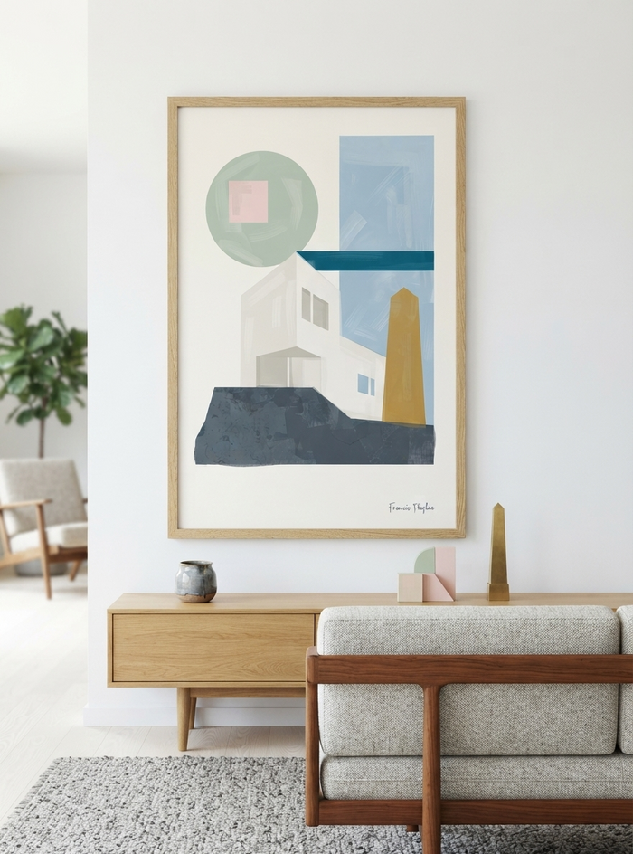 Minimalist Abstract House Print combining Bauhaus geometric architecture with Mid-Century Modern style, created from original acrylic artwork by Francis Phylae, on the wall decor of a modern nordic living room decor.