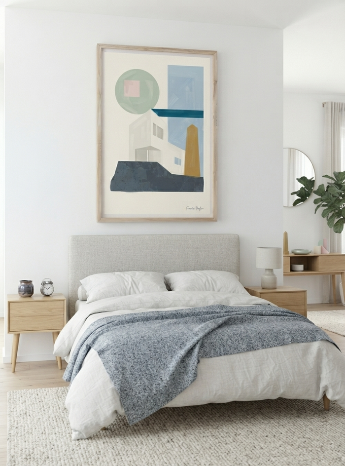 Architectural Abstract Wall Decor with clean geometric lines and modern house shapes, created from original acrylic artwork by artist Francis Phylae, on the wall of a modern bedroom decor.