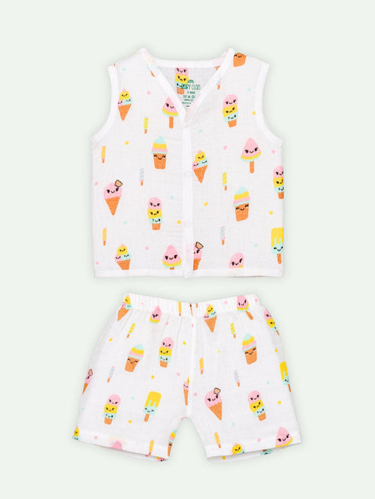 Babyclan Muslin Front Open Jabla Top & Shorts Set - Ice Cream