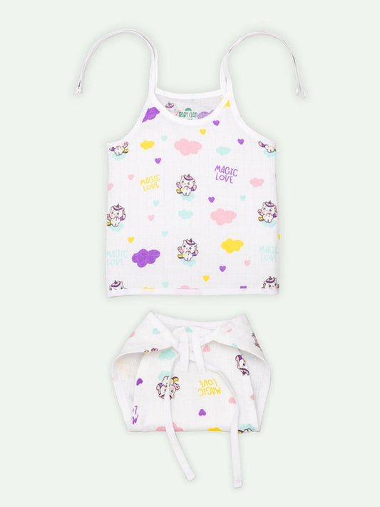 Babyclan Muslin Knotted Jabla Top & Nappy Set- Baby Unicorn