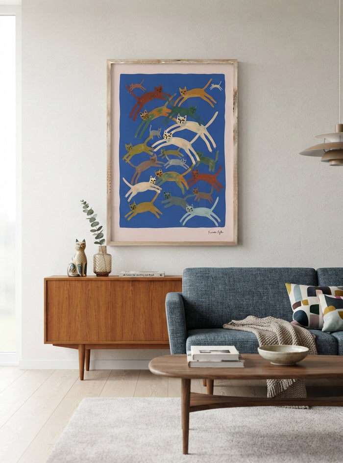 Blå Kattparad | Blue Abstract Cat Wall Art Print