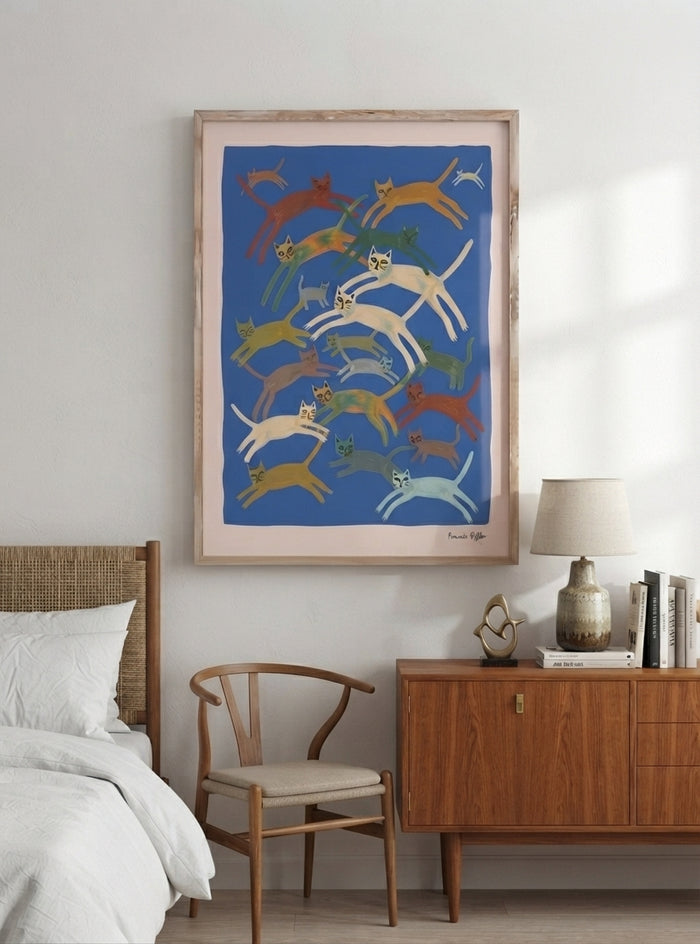 Blå Kattparad | Blue Abstract Cat Wall Art Print