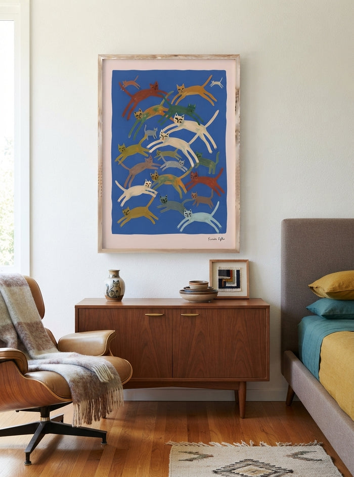 Blå Kattparad | Blue Abstract Cat Wall Art Print