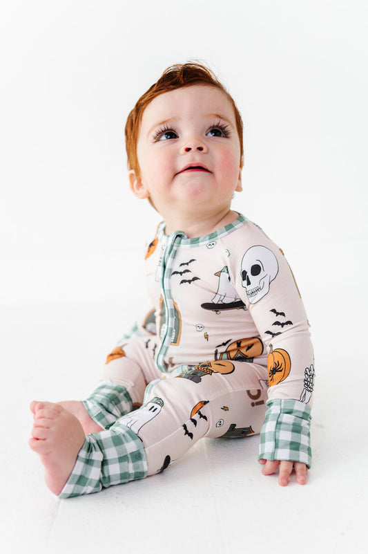 Kids Halloween PJs and footies for siblings in soft bamboo fabric