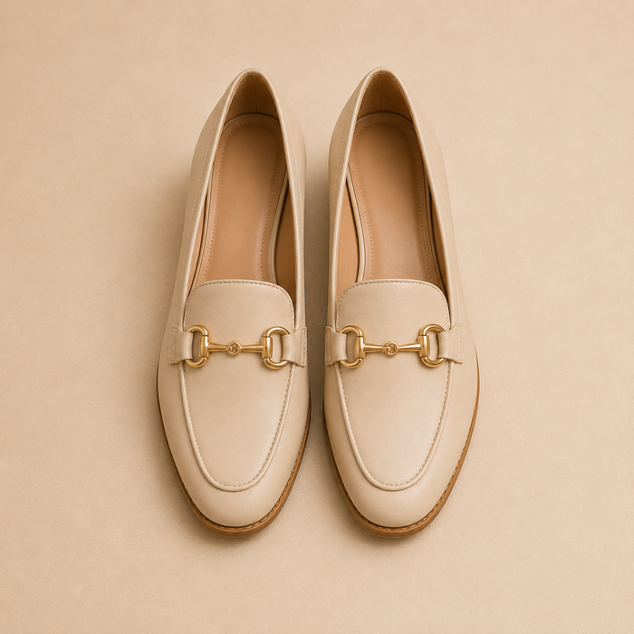 BRIURY Elegant Beige Loafers for Women – Gold Detail Slip-On Shoes