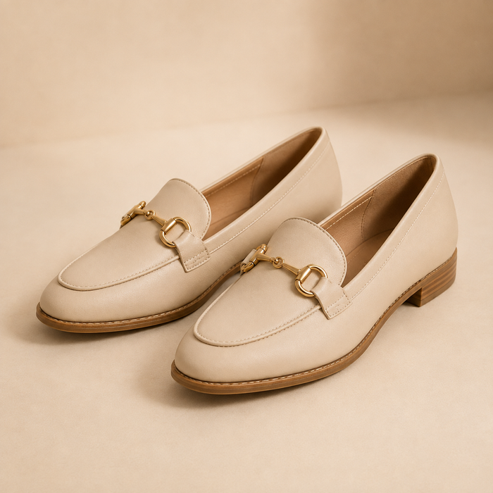 BRIURY Elegant Beige Loafers for Women – Gold Detail Slip-On Shoes