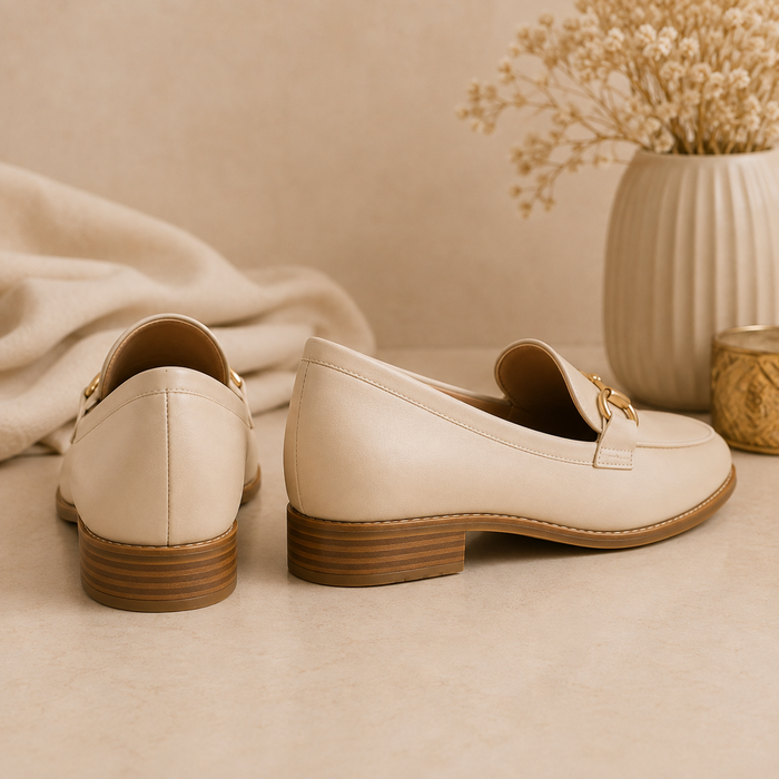 BRIURY Elegant Beige Loafers for Women – Gold Detail Slip-On Shoes