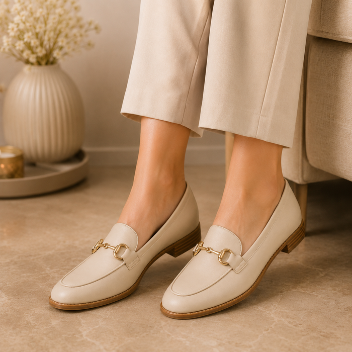 BRIURY Elegant Beige Loafers for Women – Gold Detail Slip-On Shoes