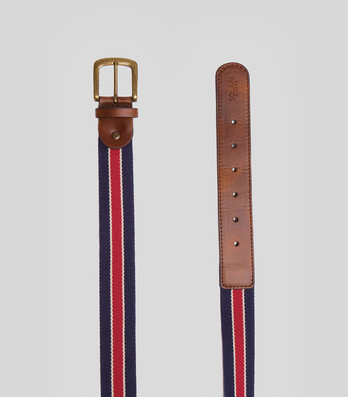 Vegan belt Brera by Solari Milano, white, blue and red stripes, nickel-free buckle, made in Varese