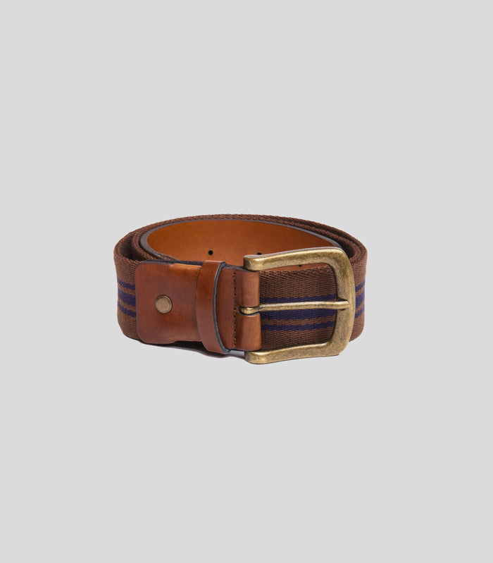 Vegan casual belt Mascagni by Solari Milano, brown and blue stripes, nickel-free buckle, handmade in Italy
