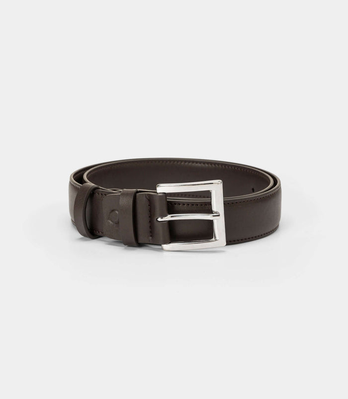 Dark brown classic vegan belt by Solari Milano, silver metal buckle, made in Florence