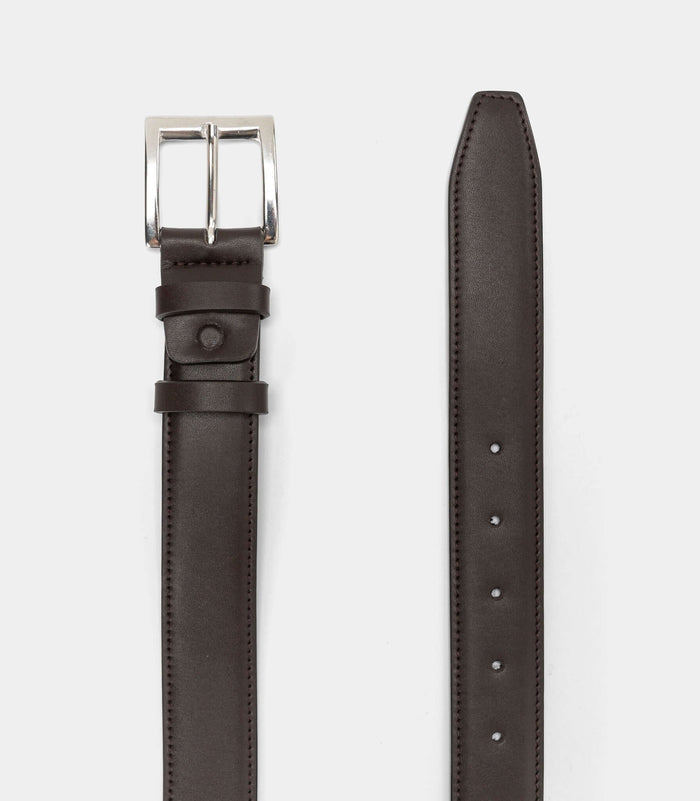 Dark brown classic vegan belt by Solari Milano, eco-leather with silver buckle detail