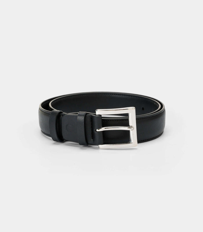 Black classic vegan belt by Solari Milano, silver buckle, handmade in Florence