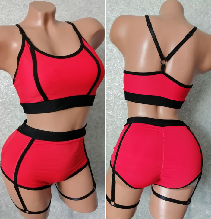 Red pole dance outfit with black garter