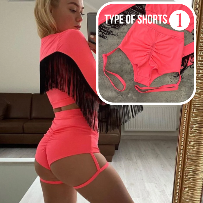 Costume with black fringes for pole dance
