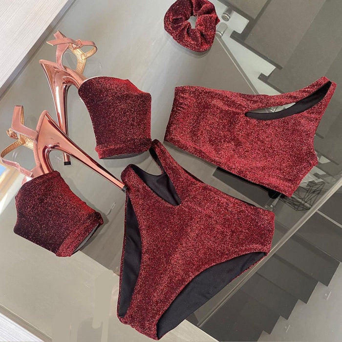 lurex red swimsuit with cut-out one shoulder top