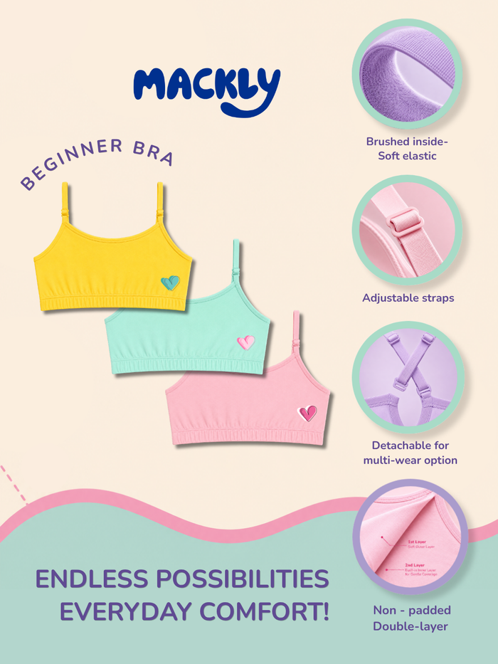 Girls Beginner Bra with Removable Straps, Pack of 3