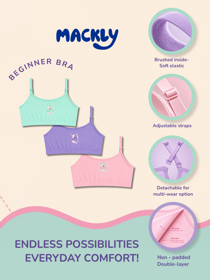 Girls Beginner Bra with Removable Straps, Pack of 3