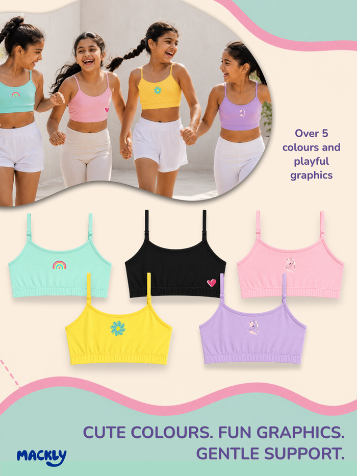 Girls Beginner Bra with Removable Straps, Pack of 3