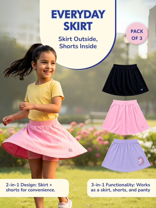 Girls Everyday Skort Skirt | 3-in-1 Skirt with Built-in Shorts & Gusset (Pack of 3)