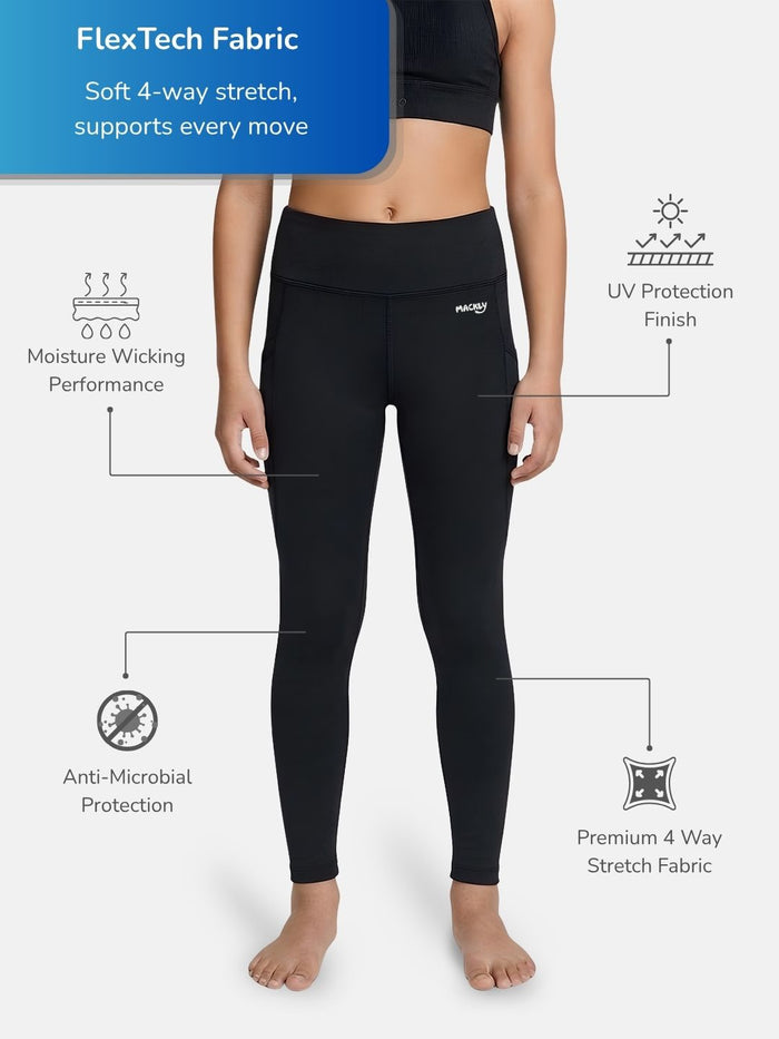Girls FlexTech Sports Tights with Pockets - Black