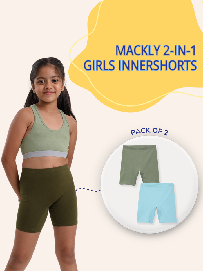 GIRLS INNERSHORTS, OLIVE GREEN/AQUA BLUE