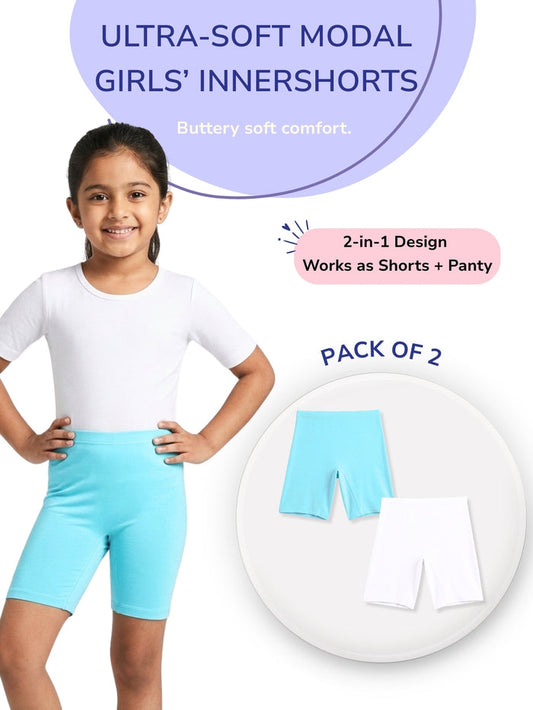 Girls Modal Innershorts - Pack of 2 (Aqua Blue & White)