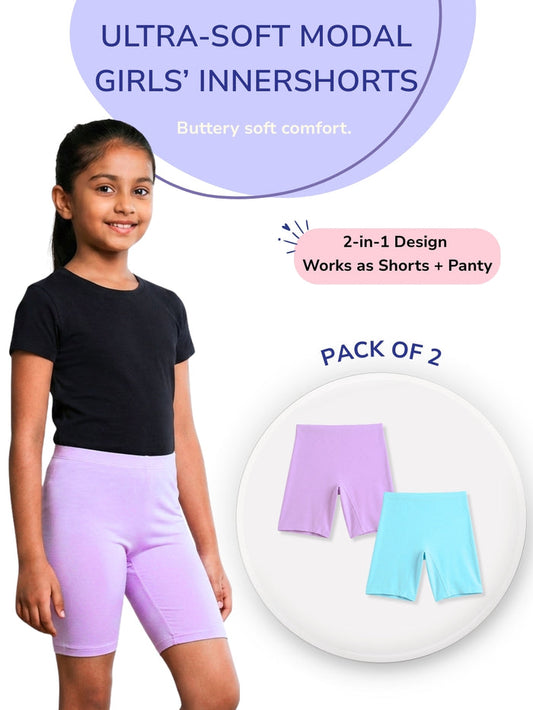 Girls Modal Innershorts - Pack of 2 (Lavender & Aqua Blue)