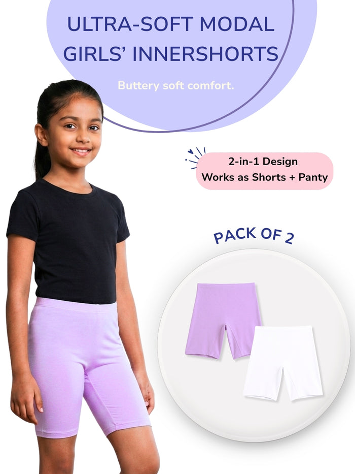 Girls Modal Innershorts - Pack of 2 (Lavender & White)