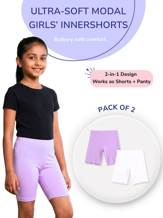 Girls Modal Innershorts - Pack of 2 (Lavender & White)