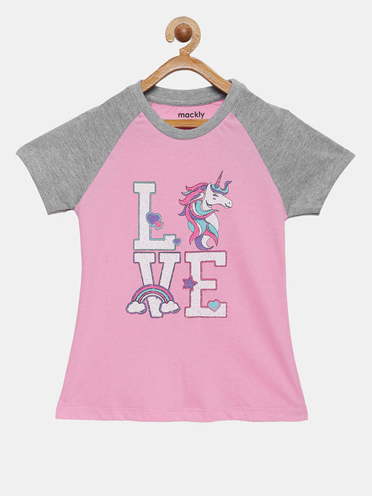 Girls Raglan Sleeve Printed Cotton T-Shirt