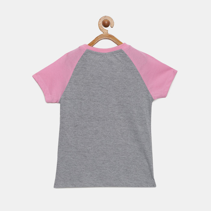 Girls Raglan Sleeve Printed Cotton T-Shirt