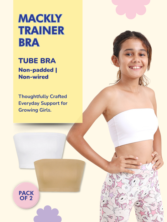 GIRLS TUBE BRA, WHITE/BEIGE - PACK OF 2