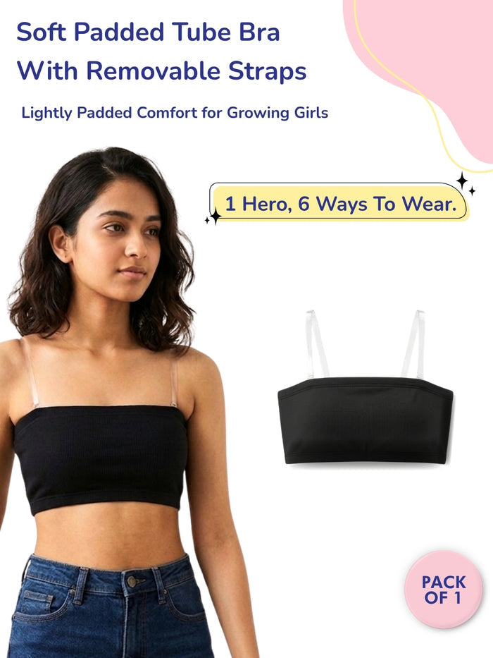 Girls Tube Bra with Removable Strap, Padded - Black