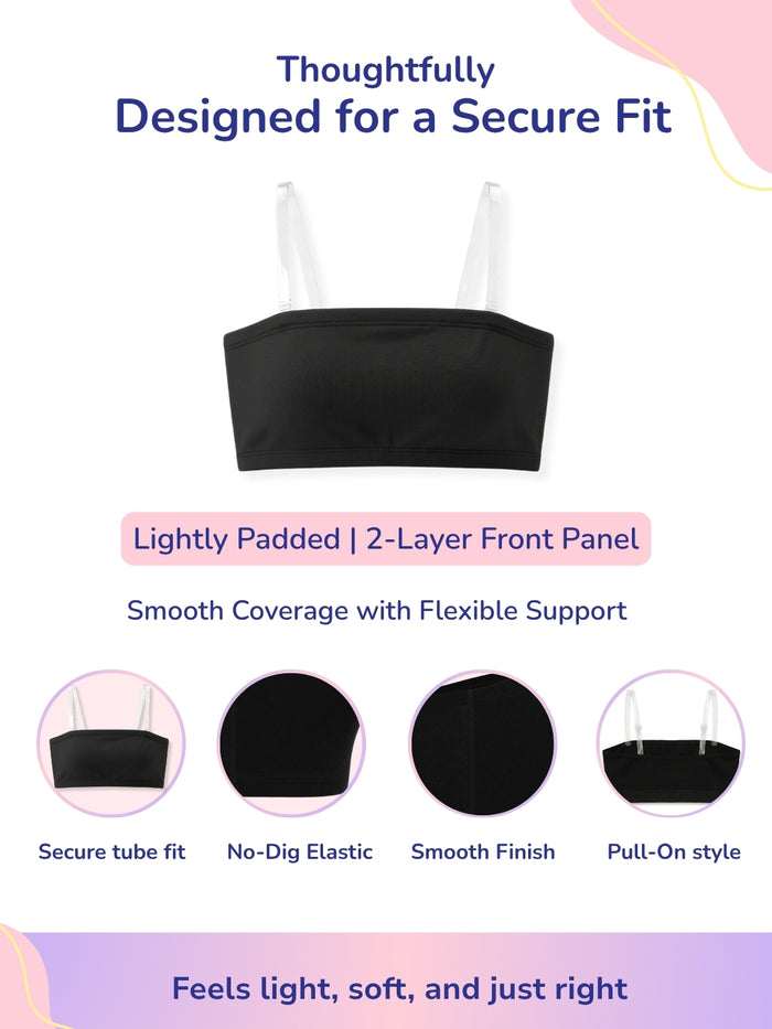 Girls Tube Bra with Removable Strap, Padded - Black