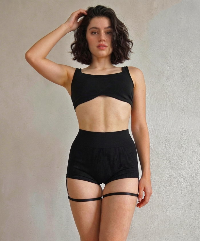 High Waisted Pole Dance black Shorts with Leg Harness