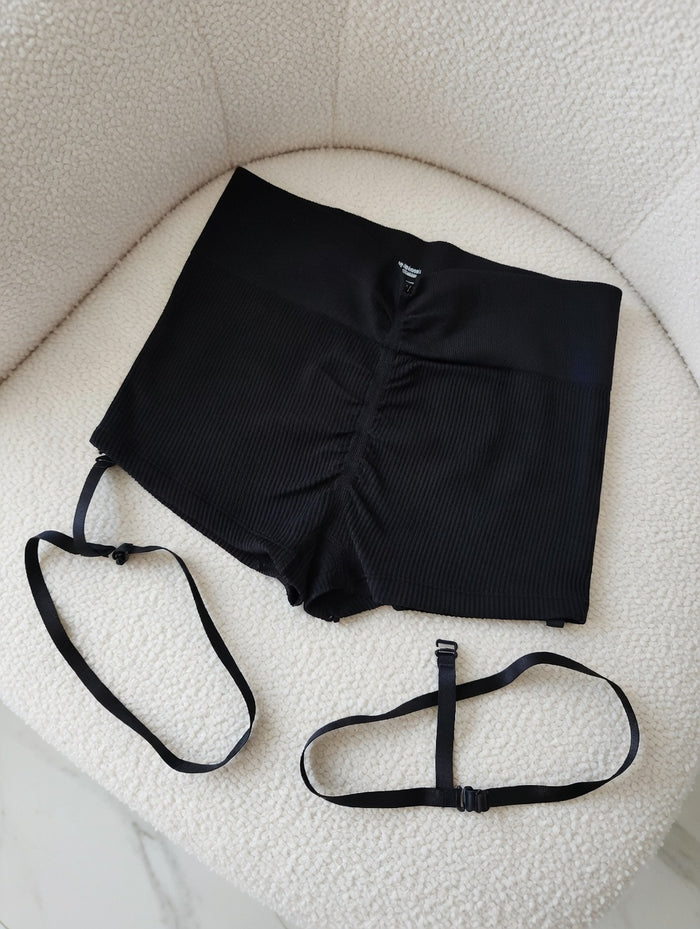 High Waisted Pole Dance black Shorts with Leg Harness