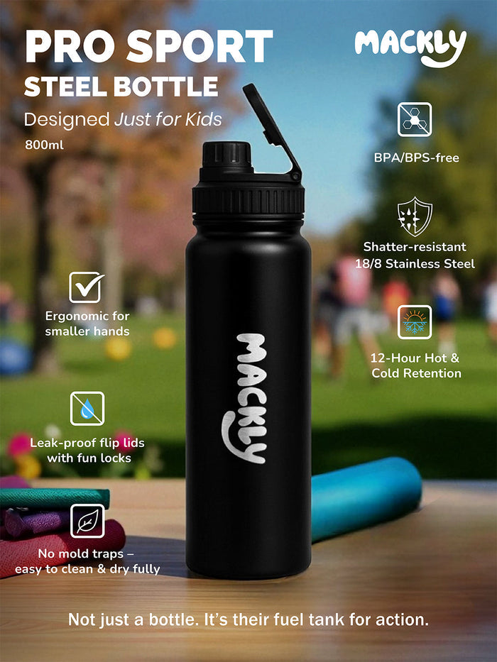 Kids Pro Sports Steel Water Bottle – Black | 800ML