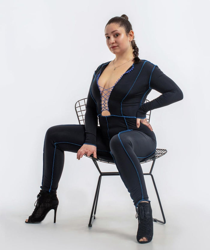 Black Lace up jumpsuit, Exposed seam bodycon jumpsuit