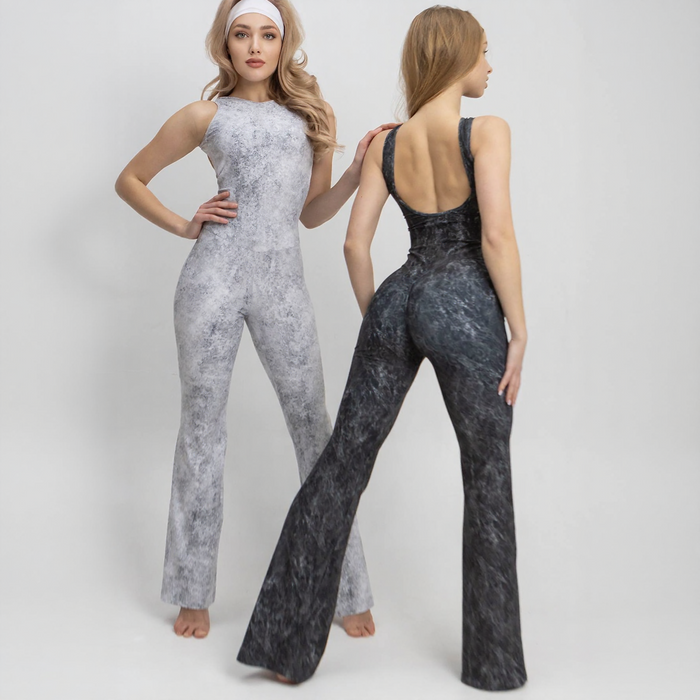 Marble Sleeveless Flare Jumpsuits for Women, Scrunch Butt Yoga Rompers, Spandex Flare Unitard