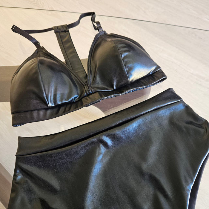 Metallic Spandex Exotic Dance Wear Set: Faux Leather High Waisted Thong Bottoms & Triangle Padded Bralette